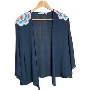 Joan Rivers black sheer open-front kimono with embroidered flowers size-small
